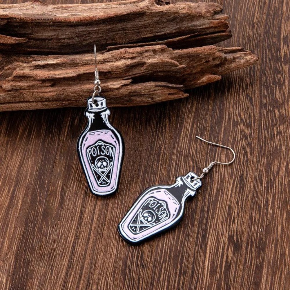 Witch's Poisin Bottle Earrings 1 1/4" Acrylic - Picture 2 of 3